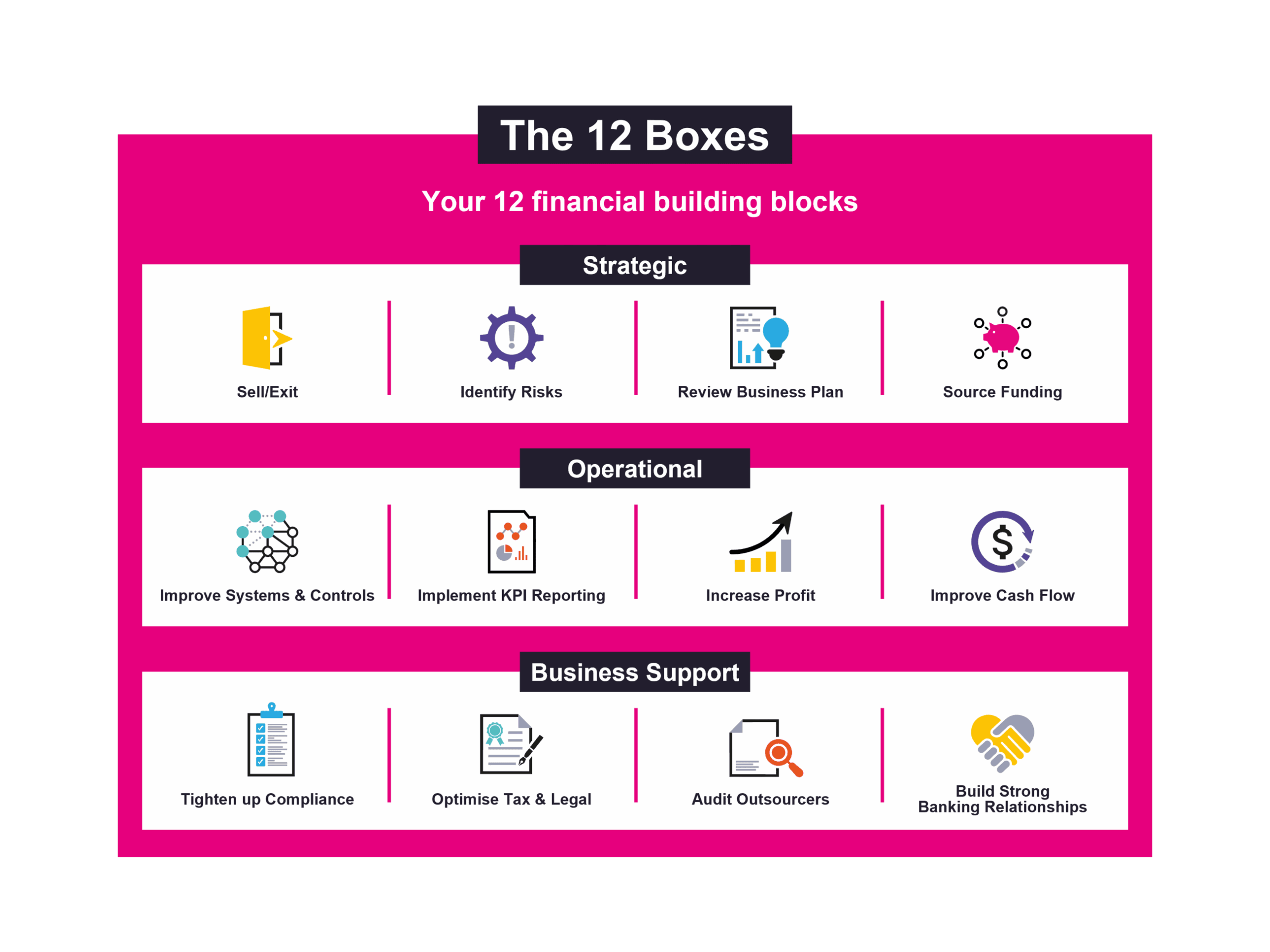 the cfo centre infographic, displaying the 12 areas of businesses they work to improve